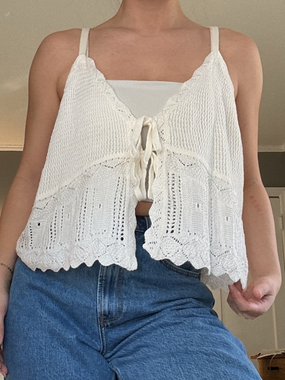 No Boundaries Cream Knit/Crochet Tie-Front Cropped Tank NWT
